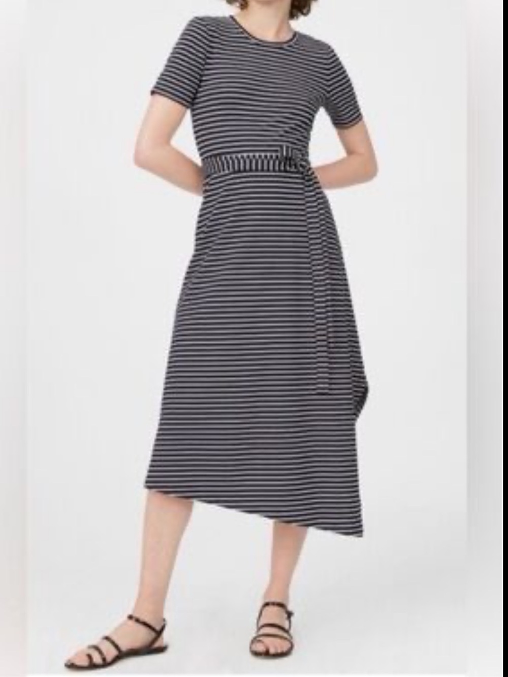 Club Monaco Navy and White Striped Short-Sleeve Midi Dress